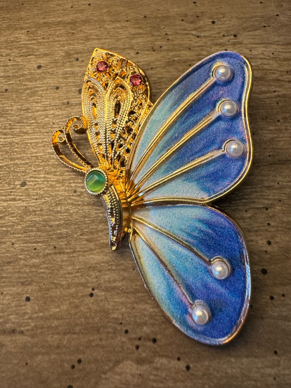 Gold-tone Blue Butterfly Brooch with Pearls
